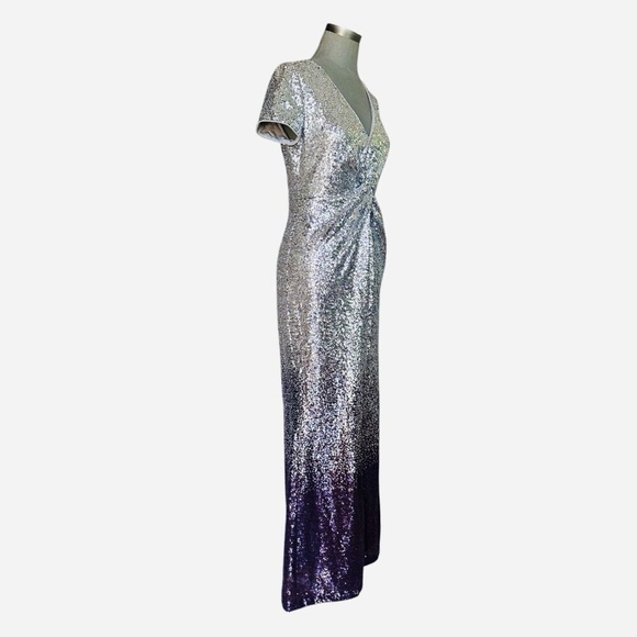 Calvin Klein Sequined Ombre Maxi Dress Silver Purple V-Neck Ball Gown Size 8 - Picture 3 of 8